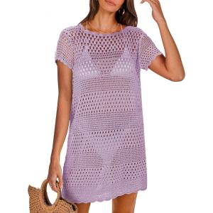 imageANRABESS Women Swimsuit Crochet Swim Cover Up Summer Bathing Suit Swimwear Knit Short Sleeve Pullover 2025 Beach DressLight Purple