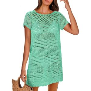 imageANRABESS Women Swimsuit Crochet Swim Cover Up Summer Bathing Suit Swimwear Knit Short Sleeve Pullover 2025 Beach DressMint