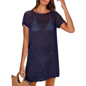 imageANRABESS Women Swimsuit Crochet Swim Cover Up Summer Bathing Suit Swimwear Knit Short Sleeve Pullover 2025 Beach DressNavy Blue
