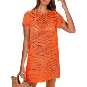 imageANRABESS Women Swimsuit Crochet Swim Cover Up Summer Bathing Suit Swimwear Knit Short Sleeve Pullover 2025 Beach DressOrange
