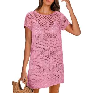 imageANRABESS Women Swimsuit Crochet Swim Cover Up Summer Bathing Suit Swimwear Knit Short Sleeve Pullover 2025 Beach DressPink