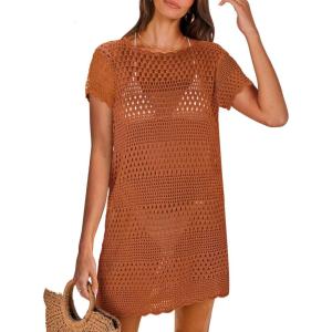 imageANRABESS Women Swimsuit Crochet Swim Cover Up Summer Bathing Suit Swimwear Knit Short Sleeve Pullover 2025 Beach DressRust