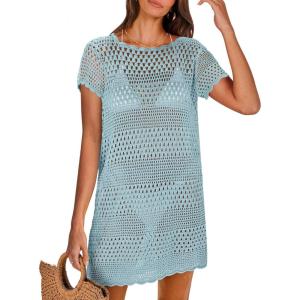 imageANRABESS Women Swimsuit Crochet Swim Cover Up Summer Bathing Suit Swimwear Knit Short Sleeve Pullover 2025 Beach DressSky