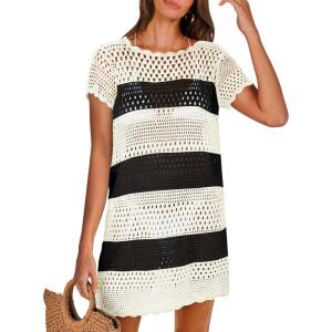 imageANRABESS Women Swimsuit Crochet Swim Cover Up Summer Bathing Suit Swimwear Knit Short Sleeve Pullover 2025 Beach DressStripe Black White