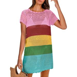 imageANRABESS Women Swimsuit Crochet Swim Cover Up Summer Bathing Suit Swimwear Knit Short Sleeve Pullover 2025 Beach DressStripe Rainbow
