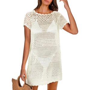 imageANRABESS Women Swimsuit Crochet Swim Cover Up Summer Bathing Suit Swimwear Knit Short Sleeve Pullover 2025 Beach DressWhite