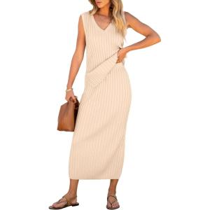 imageANRABESS Womens 2 Piece Outfits Summer Sweater Skirt Sets Casual Sleeveless V Neck Ribbed Vest Knit Tops Midi DressBeige