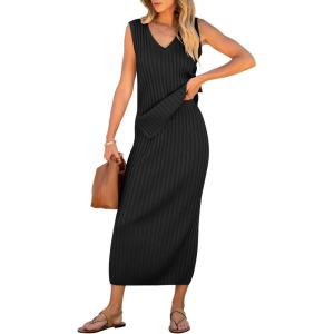 imageANRABESS Womens 2 Piece Outfits Summer Sweater Skirt Sets Casual Sleeveless V Neck Ribbed Vest Knit Tops Midi DressBlack