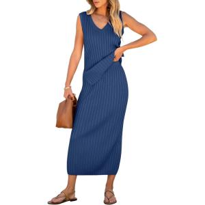 imageANRABESS Womens 2 Piece Outfits Summer Sweater Skirt Sets Casual Sleeveless V Neck Ribbed Vest Knit Tops Midi DressBlue