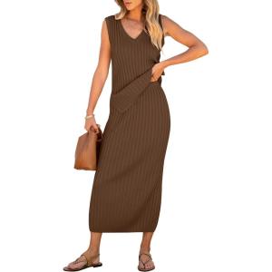 imageANRABESS Womens 2 Piece Outfits Summer Sweater Skirt Sets Casual Sleeveless V Neck Ribbed Vest Knit Tops Midi DressBrown