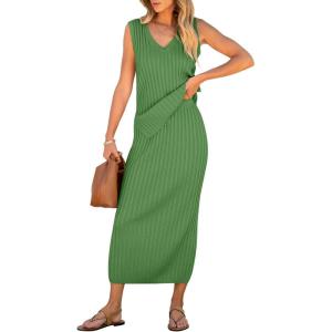 imageANRABESS Womens 2 Piece Outfits Summer Sweater Skirt Sets Casual Sleeveless V Neck Ribbed Vest Knit Tops Midi DressGreen