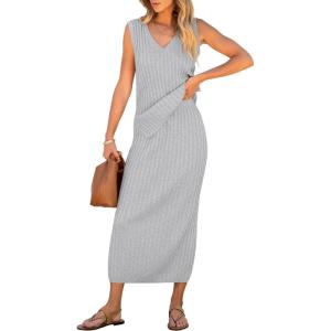imageANRABESS Womens 2 Piece Outfits Summer Sweater Skirt Sets Casual Sleeveless V Neck Ribbed Vest Knit Tops Midi DressGrey