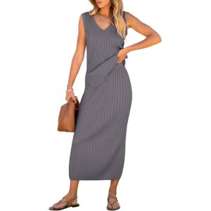 imageANRABESS Womens 2 Piece Outfits Summer Sweater Skirt Sets Casual Sleeveless V Neck Ribbed Vest Knit Tops Midi DressGrey Purple
