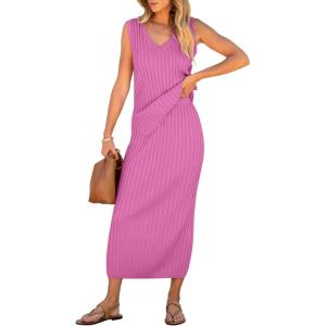 imageANRABESS Womens 2 Piece Outfits Summer Sweater Skirt Sets Casual Sleeveless V Neck Ribbed Vest Knit Tops Midi DressHot Pink