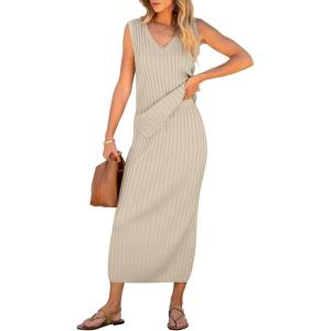 imageANRABESS Womens 2 Piece Outfits Summer Sweater Skirt Sets Casual Sleeveless V Neck Ribbed Vest Knit Tops Midi DressKhaki
