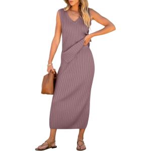 imageANRABESS Womens 2 Piece Outfits Summer Sweater Skirt Sets Casual Sleeveless V Neck Ribbed Vest Knit Tops Midi DressLight Purple