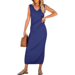 imageANRABESS Womens 2 Piece Outfits Summer Sweater Skirt Sets Casual Sleeveless V Neck Ribbed Vest Knit Tops Midi DressNavy Blue
