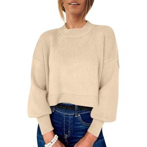 imageANRABESS Womens Oversized Crewneck Cropped Sweaters Long Batwing Sleeve Side Slit Ribbed Knit Pullover Tops 2024 Fall TrendyApricot