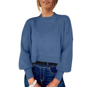 imageANRABESS Womens Oversized Crewneck Cropped Sweaters Long Batwing Sleeve Side Slit Ribbed Knit Pullover Tops 2024 Fall TrendyBlue