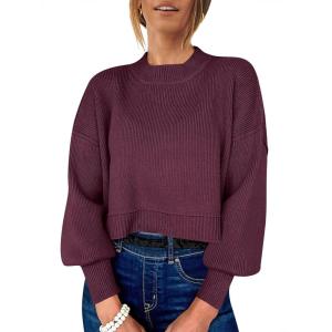 imageANRABESS Womens Oversized Crewneck Cropped Sweaters Long Batwing Sleeve Side Slit Ribbed Knit Pullover Tops 2024 Fall TrendyBurgundy