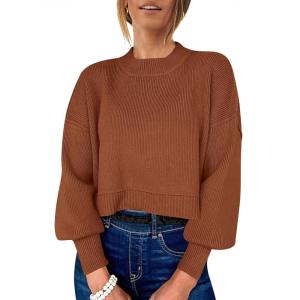 imageANRABESS Womens Oversized Crewneck Cropped Sweaters Long Batwing Sleeve Side Slit Ribbed Knit Pullover Tops 2024 Fall TrendyCaramel