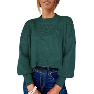 imageANRABESS Womens Oversized Crewneck Cropped Sweaters Long Batwing Sleeve Side Slit Ribbed Knit Pullover Tops 2024 Fall TrendyDark Green