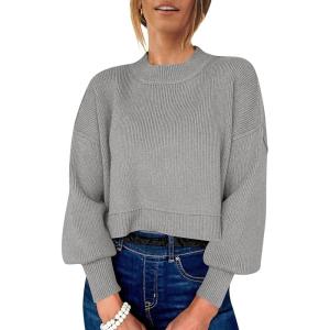 imageANRABESS Womens Oversized Crewneck Cropped Sweaters Long Batwing Sleeve Side Slit Ribbed Knit Pullover Tops 2024 Fall TrendyGrey