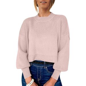 imageANRABESS Womens Oversized Crewneck Cropped Sweaters Long Batwing Sleeve Side Slit Ribbed Knit Pullover Tops 2024 Fall TrendyPink