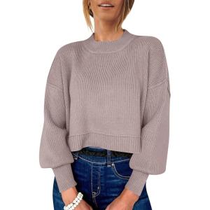 imageANRABESS Womens Oversized Crewneck Cropped Sweaters Long Batwing Sleeve Side Slit Ribbed Knit Pullover Tops 2024 Fall TrendyRed Apricot