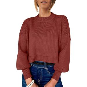 imageANRABESS Womens Oversized Crewneck Cropped Sweaters Long Batwing Sleeve Side Slit Ribbed Knit Pullover Tops 2024 Fall TrendyRust