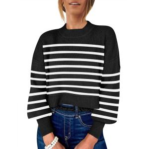 imageANRABESS Womens Oversized Crewneck Cropped Sweaters Long Batwing Sleeve Side Slit Ribbed Knit Pullover Tops 2024 Fall TrendyStripe Black White
