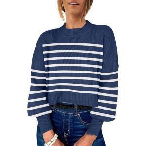 imageANRABESS Womens Oversized Crewneck Cropped Sweaters Long Batwing Sleeve Side Slit Ribbed Knit Pullover Tops 2024 Fall TrendyStripe Blue White