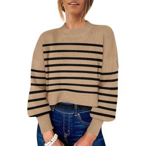 imageANRABESS Womens Oversized Crewneck Cropped Sweaters Long Batwing Sleeve Side Slit Ribbed Knit Pullover Tops 2024 Fall TrendyStripe Brown Black