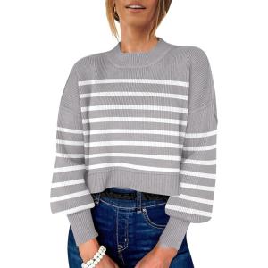 imageANRABESS Womens Oversized Crewneck Cropped Sweaters Long Batwing Sleeve Side Slit Ribbed Knit Pullover Tops 2024 Fall TrendyStripe Grey White