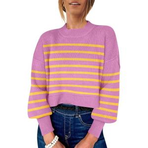 imageANRABESS Womens Oversized Crewneck Cropped Sweaters Long Batwing Sleeve Side Slit Ribbed Knit Pullover Tops 2024 Fall TrendyStripe Purple Yellow