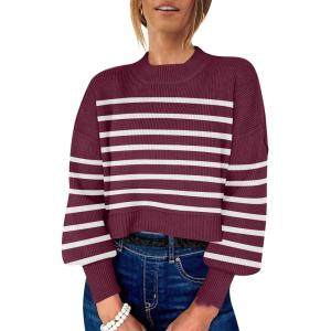 imageANRABESS Womens Oversized Crewneck Cropped Sweaters Long Batwing Sleeve Side Slit Ribbed Knit Pullover Tops 2024 Fall TrendyStripe Wine White