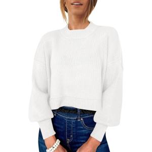 imageANRABESS Womens Oversized Crewneck Cropped Sweaters Long Batwing Sleeve Side Slit Ribbed Knit Pullover Tops 2024 Fall TrendyWhite