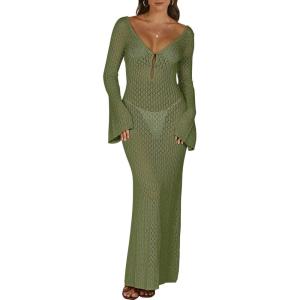 imageANRABESS Womens Swimsuit Swim Crochet Cover Up 2025 Summer Knit Bathing Suit Sexy Swimwears Vacation Bodycon Beach DressArmy Green