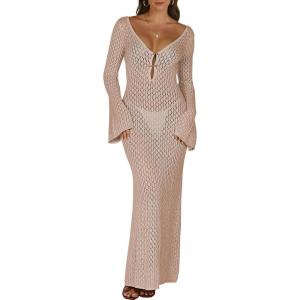 imageANRABESS Womens Swimsuit Swim Crochet Cover Up 2025 Summer Knit Bathing Suit Sexy Swimwears Vacation Bodycon Beach DressKhaki