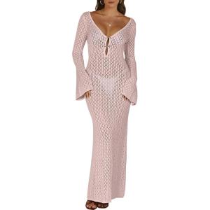 imageANRABESS Womens Swimsuit Swim Crochet Cover Up 2025 Summer Knit Bathing Suit Sexy Swimwears Vacation Bodycon Beach DressLight Pink