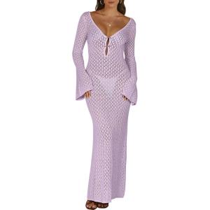 imageANRABESS Womens Swimsuit Swim Crochet Cover Up 2025 Summer Knit Bathing Suit Sexy Swimwears Vacation Bodycon Beach DressLight Purple