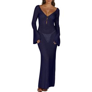 imageANRABESS Womens Swimsuit Swim Crochet Cover Up 2025 Summer Knit Bathing Suit Sexy Swimwears Vacation Bodycon Beach DressNavy Blue