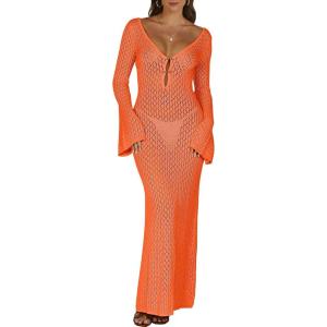 imageANRABESS Womens Swimsuit Swim Crochet Cover Up 2025 Summer Knit Bathing Suit Sexy Swimwears Vacation Bodycon Beach DressOrange