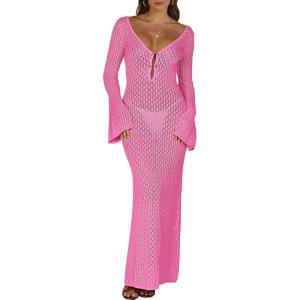 imageANRABESS Womens Swimsuit Swim Crochet Cover Up 2025 Summer Knit Bathing Suit Sexy Swimwears Vacation Bodycon Beach DressRose