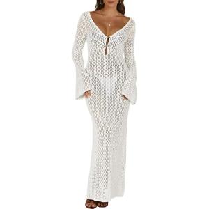 imageANRABESS Womens Swimsuit Swim Crochet Cover Up 2025 Summer Knit Bathing Suit Sexy Swimwears Vacation Bodycon Beach DressWhite