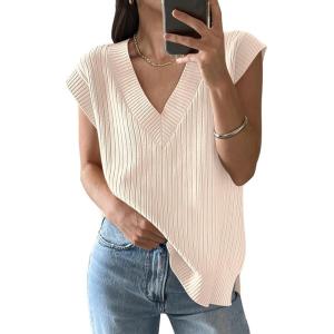 imageANRABESS Womens V Neck Sweater Vest Oversized Sleeveless Tops Casual Ribbed Knit Loose 2025 Summer Tank Top Outfits ClothesBeige