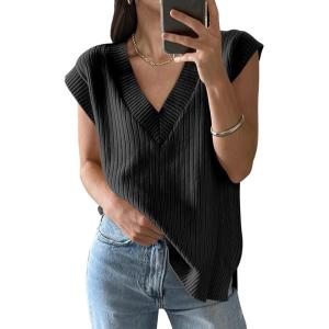 imageANRABESS Womens V Neck Sweater Vest Oversized Sleeveless Tops Casual Ribbed Knit Loose 2025 Summer Tank Top Outfits ClothesBlack