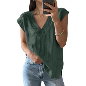 imageANRABESS Womens V Neck Sweater Vest Oversized Sleeveless Tops Casual Ribbed Knit Loose 2025 Summer Tank Top Outfits ClothesDeap Green