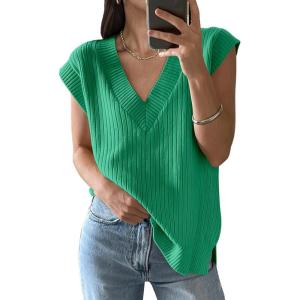 imageANRABESS Womens V Neck Sweater Vest Oversized Sleeveless Tops Casual Ribbed Knit Loose 2025 Summer Tank Top Outfits ClothesGreen