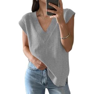 imageANRABESS Womens V Neck Sweater Vest Oversized Sleeveless Tops Casual Ribbed Knit Loose 2025 Summer Tank Top Outfits ClothesGrey